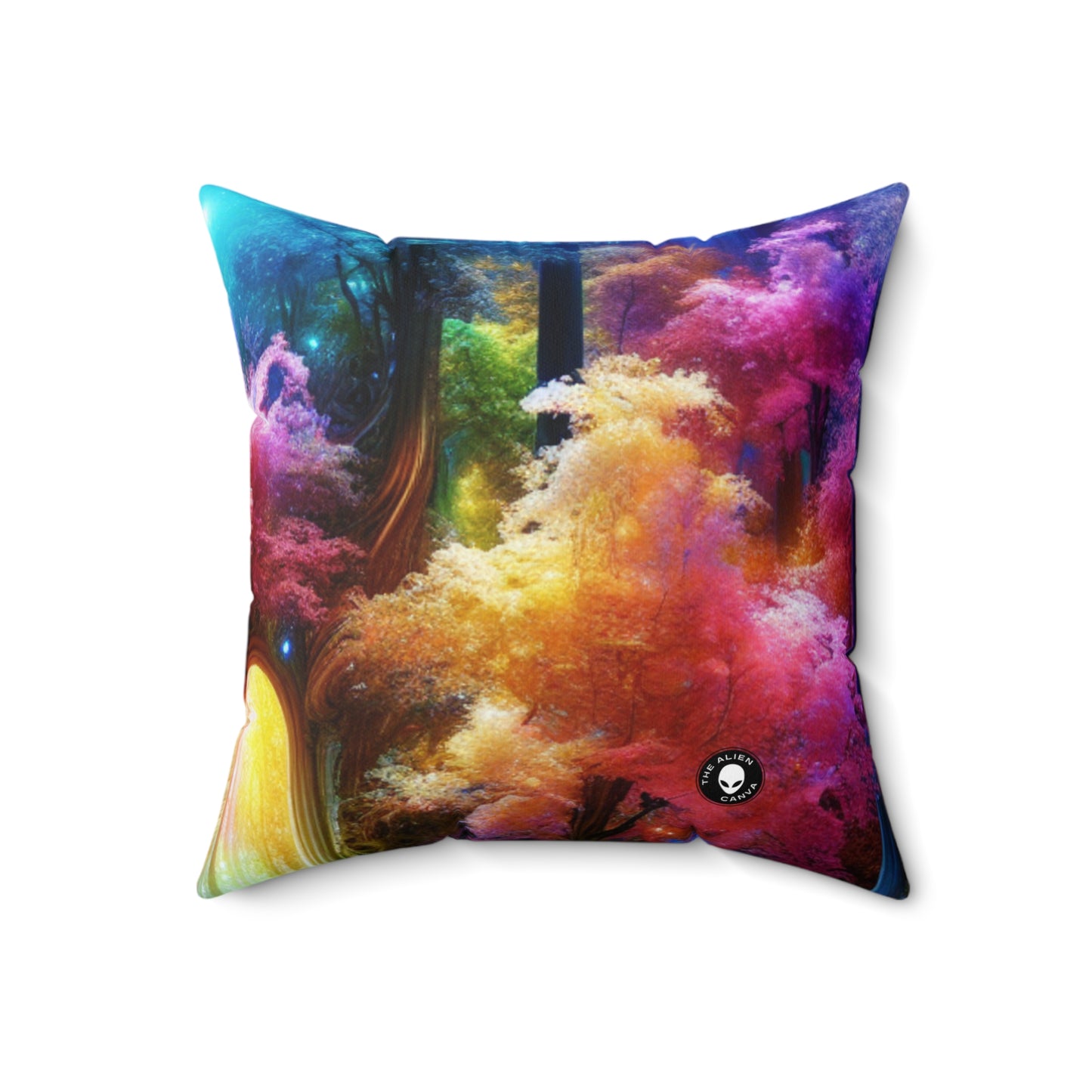 "Enchanted Rainbow Forest: Gateway to the Unseen Realm"- The Alien Spun Polyester Square Pillow