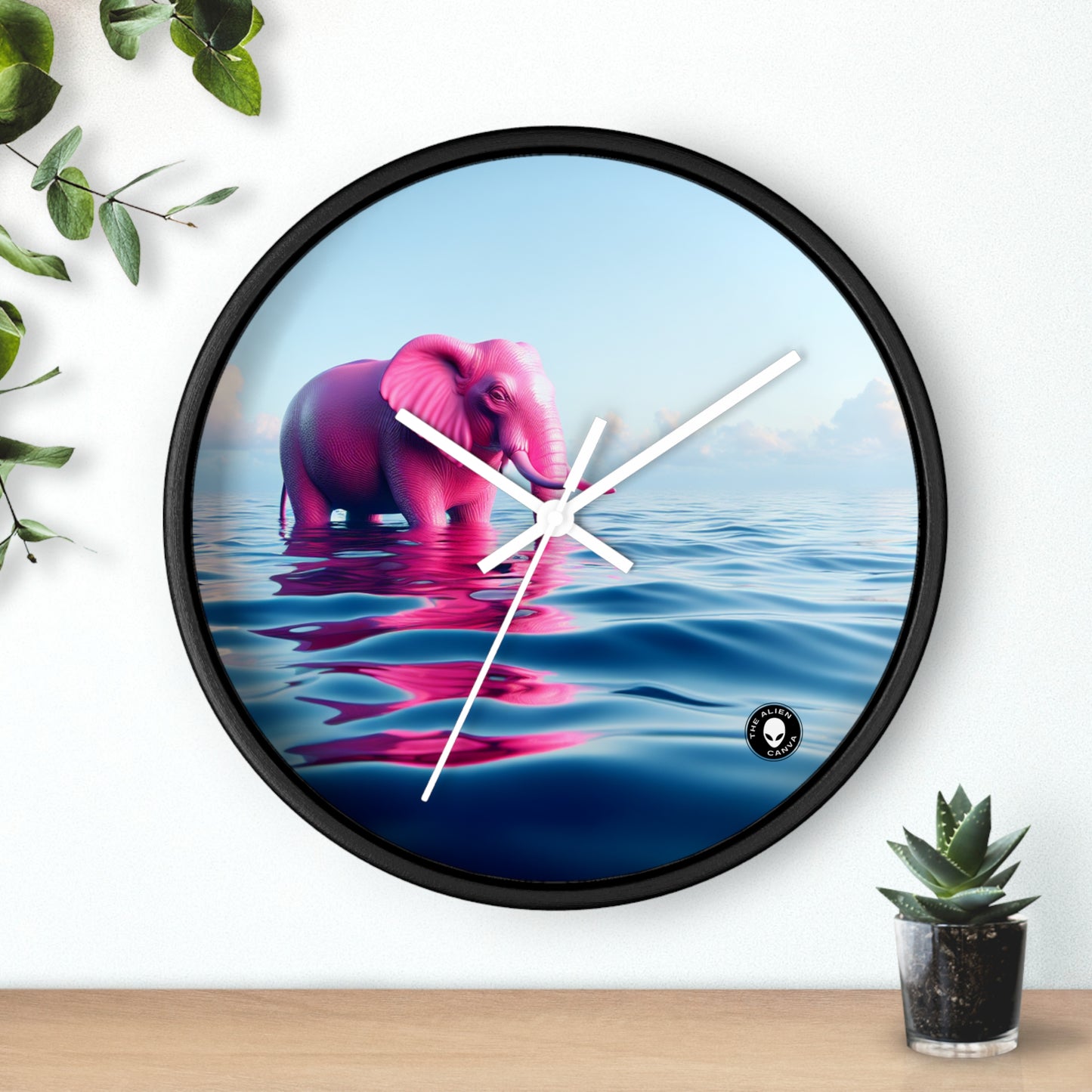 "L'éléphant rose dans la mer d'un bleu profond" - L'horloge murale extraterrestre Un éléphant rose flottant dans l'océan