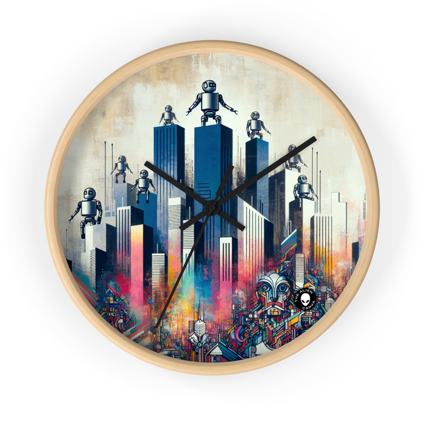 "Paysage urbain robotique : une fresque murale futuriste" - The Alien Wall Clock Street Art / Graffiti