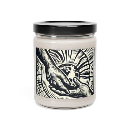 "Uniting Hands, Uniting Nations" - Vela de soja con aroma a extraterrestre, estilo de impresión en madera de 9 oz