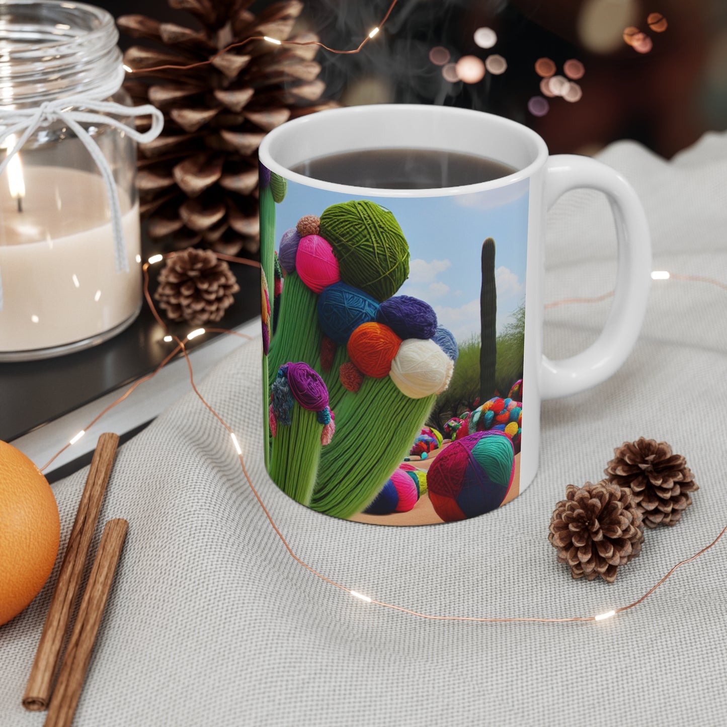 "Yarn-Filled Cacti in the Sky" - The Alien Ceramic Mug 11oz Yarn Bombing (Fiber Art) Style