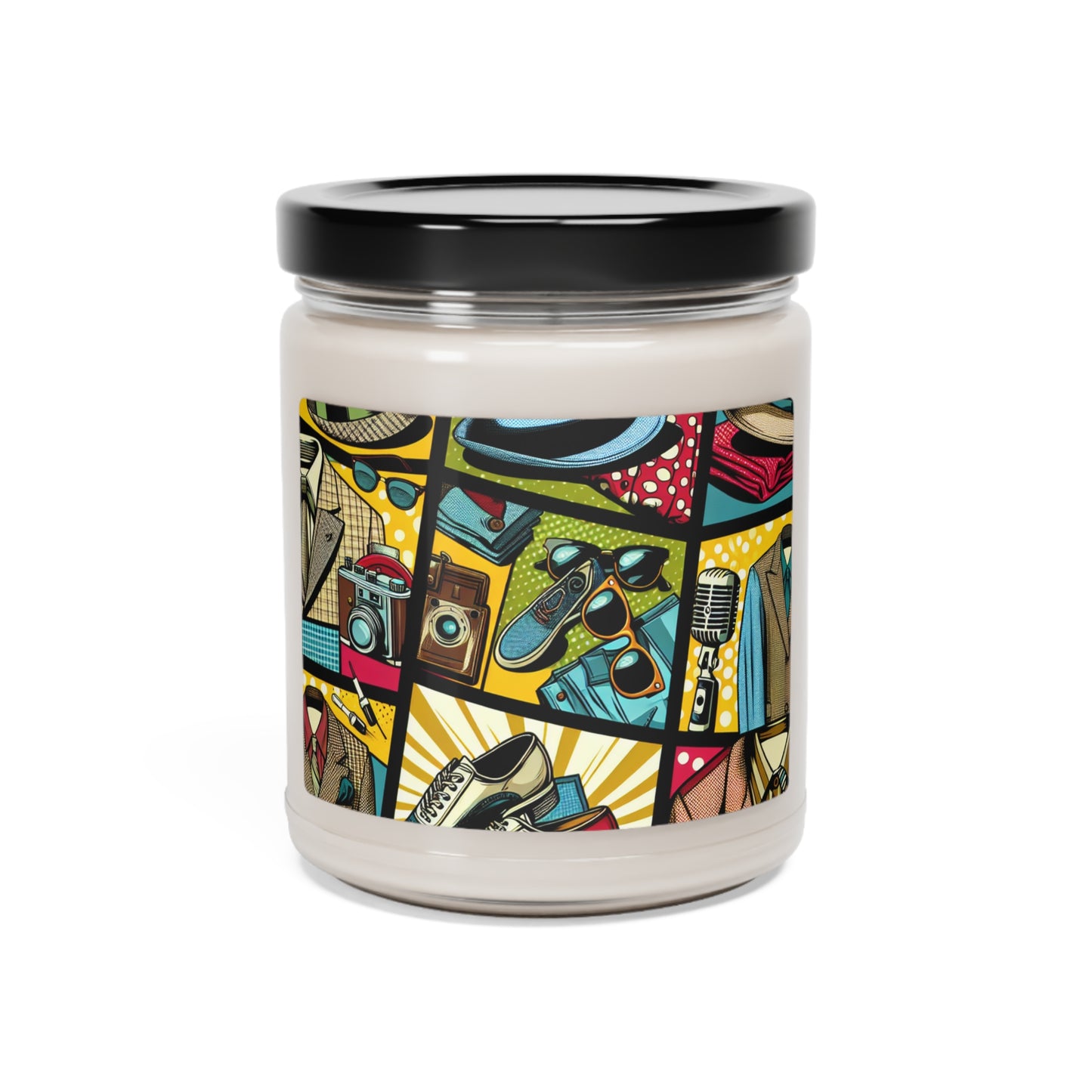 "Ropa de arte pop: un collage de estilo vintage" - Vela de soja con aroma a extraterrestre, estilo pop art de 9 oz