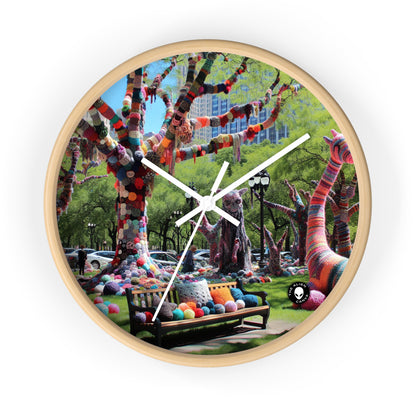 Title: "Yarnscaped City: A Whimsical Fiber Art Fusion" - The Alien Wall Clock Yarn Bombing (Fiber Art)