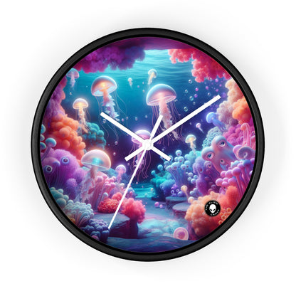 Enchanting Underwater Realm: Glowing Jellyfish and Curious Octopus - The Alien Wall Clock