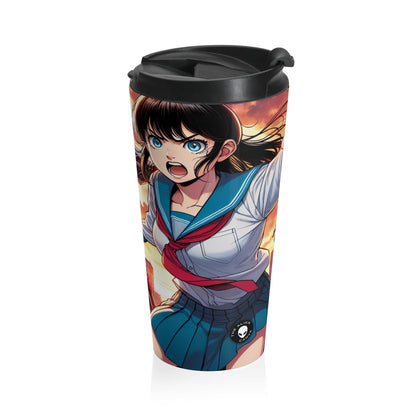 "Girl in Uniform Saves City from Invaders." - The Alien Stainless Steel Travel Mug Manga/Anime Art