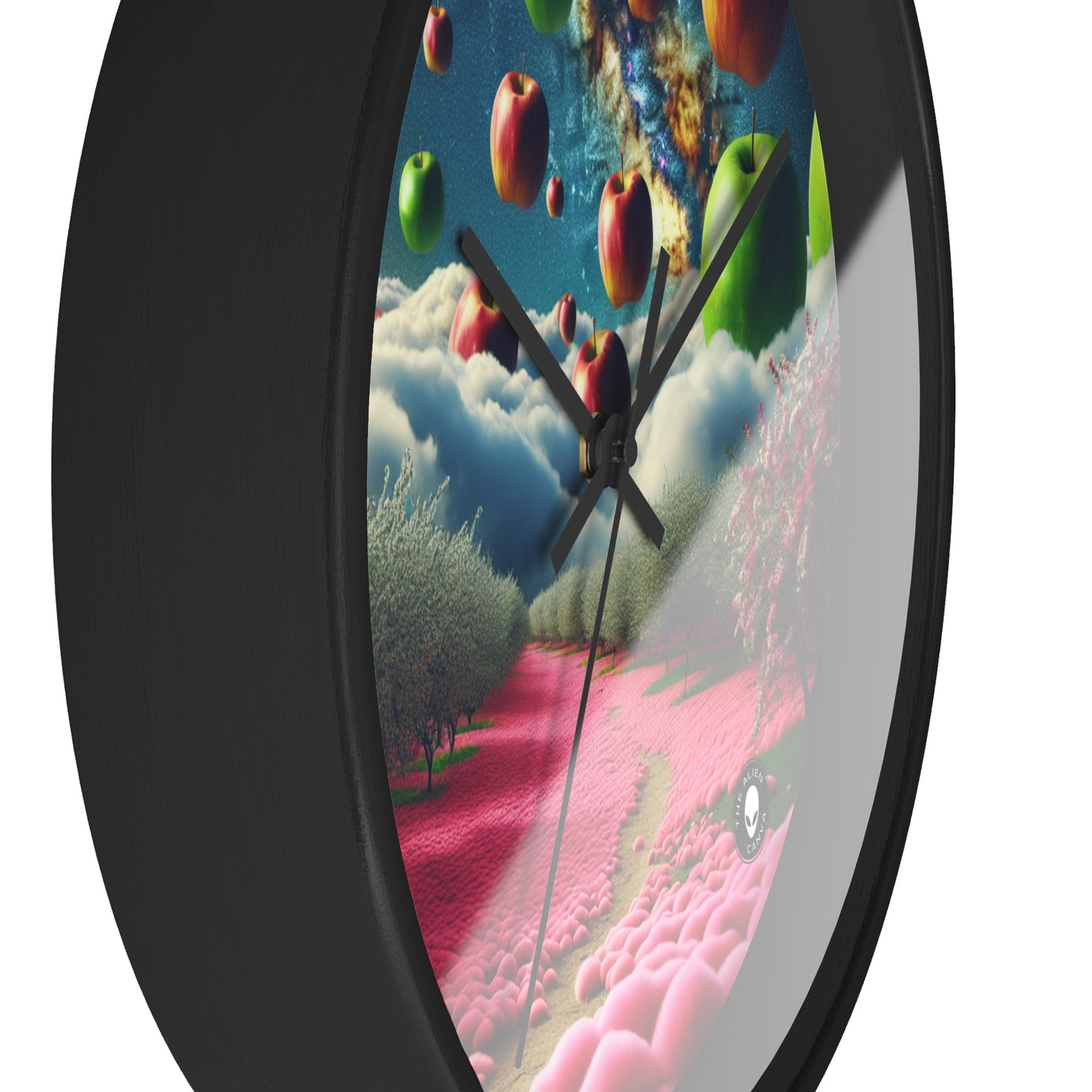 "Apple Sky and Pink Flower Carpet: A Surreal Landscape" - The Alien Wall Clock