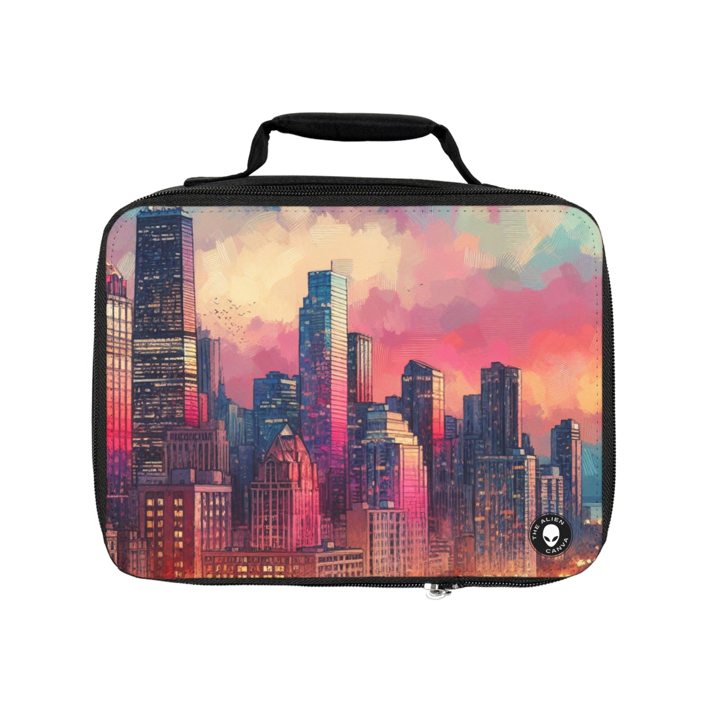 "Reflejos oscuros: horizonte de la ciudad al atardecer" - The Alien Lunch Bag