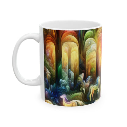 "Encantamiento etéreo: El bosque místico" - Taza de cerámica alienígena de 11 oz