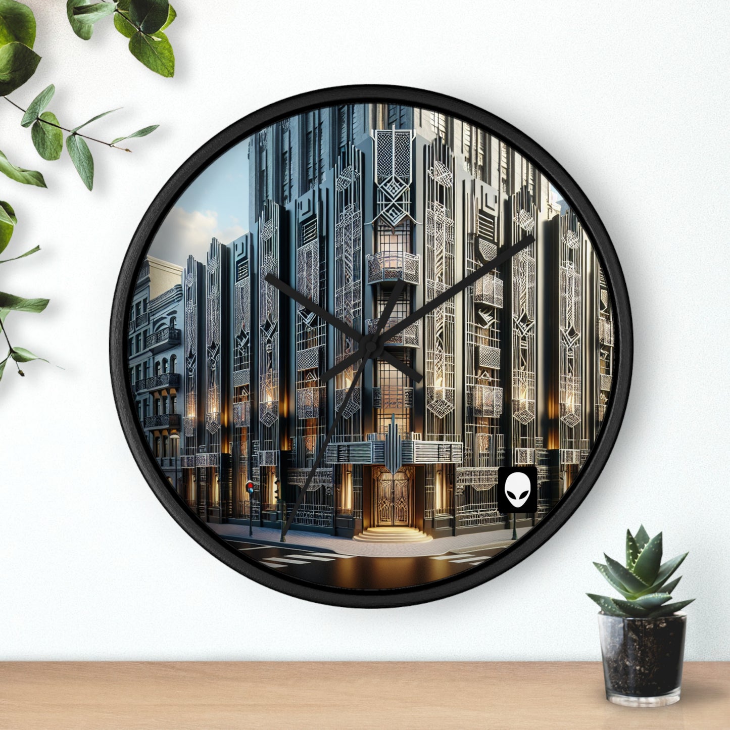 "Elegancia iluminadora: una calle de la ciudad Art Deco" - El reloj de pared alienígena estilo Art Deco