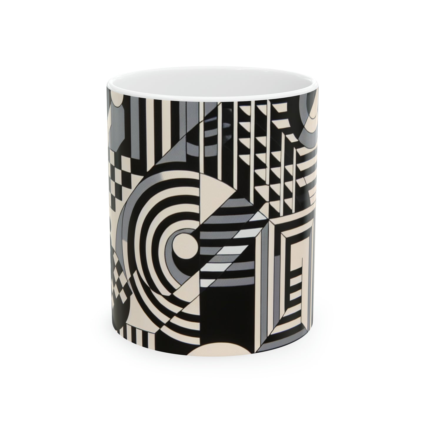 "Mesmerize: Geometría audaz del Op Art en blanco y negro" - Taza de cerámica The Alien de 11 oz Op Art