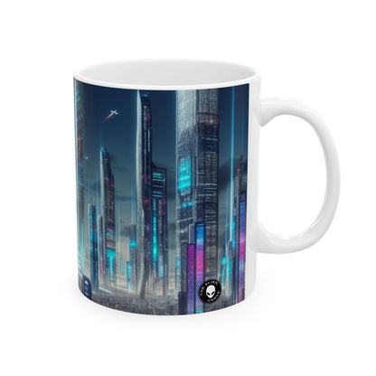 "Paisaje urbano del futuro: un horizonte de coches voladores y luces de neón" - Taza de cerámica The Alien de 11 oz