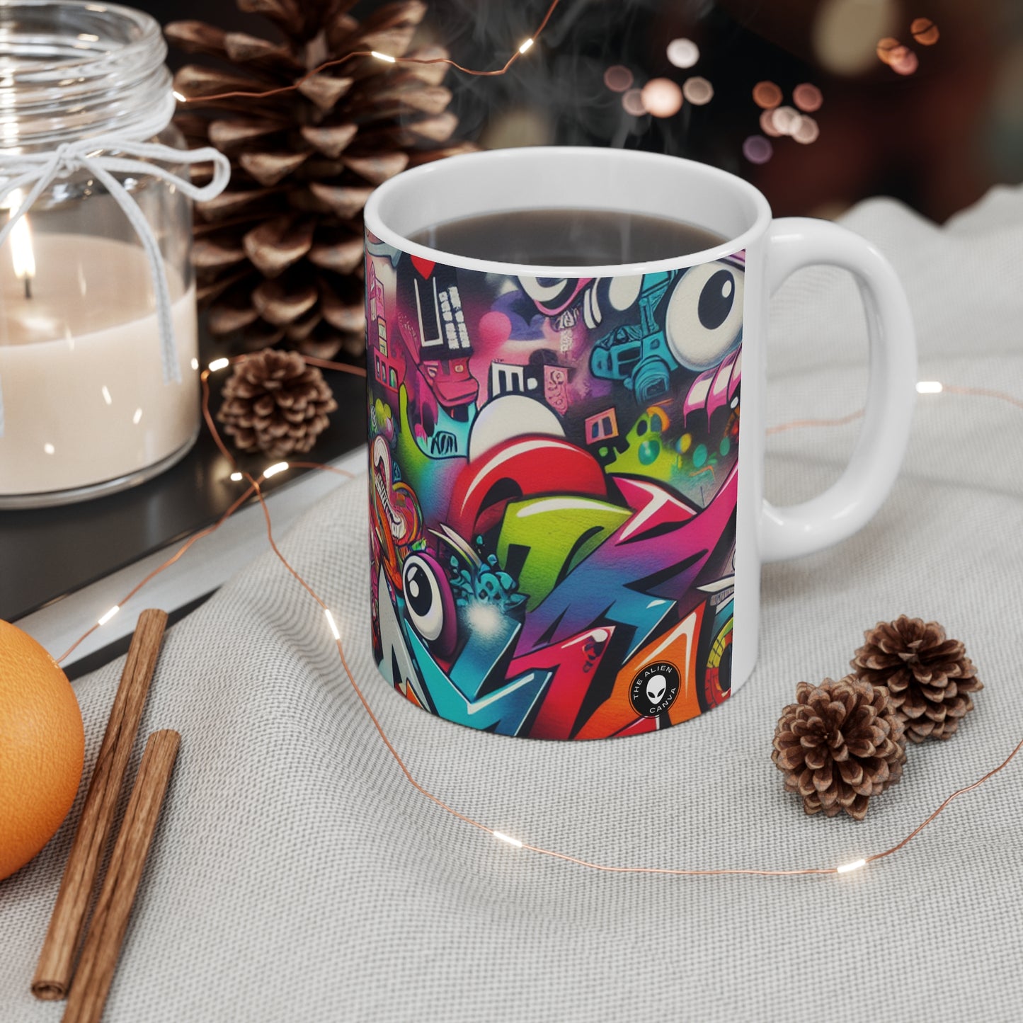 "Neon Horizon: The Vibrant Future Metropolis" - La tasse en céramique Alien 11oz Street Art / Graffiti