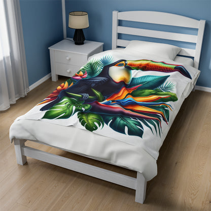 "Toucan sur une fleur tropicale" - La couverture en peluche Alien Velveteen style hyperréaliste