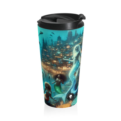 "Profundidades relucientes: la ciudad submarina encantada" - Taza de viaje de acero inoxidable de Alien