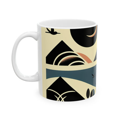 "Serenidad en Geometría: Atardecer en el Océano" - Taza de Cerámica The Alien Minimalismo de 11oz