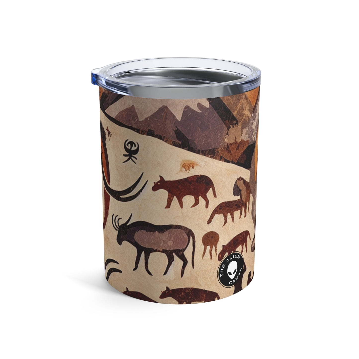 Title: "Ancient Encounter: The Battle of Giants" - The Alien Tumbler 10oz Cave Painting