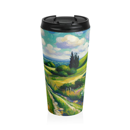 "Mystical Morning: A Post-Impressionist Journey into a Vibrant Dawn" - The Alien Stainless Steel Travel Mug Post-Impressionism