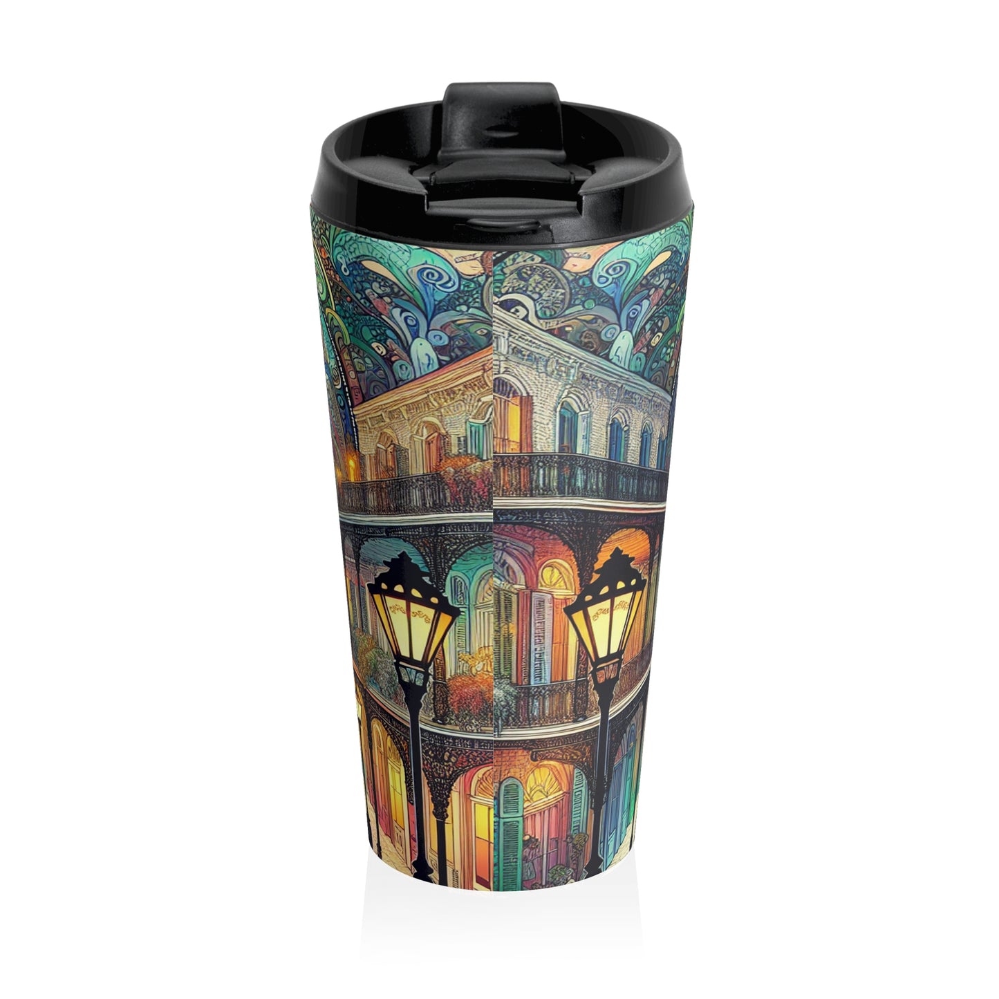 "Vivid Splendor: Una imagen del barrio francés de Nueva Orleans" - La taza de viaje de acero inoxidable Alien estilo Art Nouveau