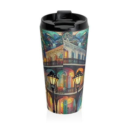 "Vivid Splendor: Una imagen del barrio francés de Nueva Orleans" - La taza de viaje de acero inoxidable Alien estilo Art Nouveau