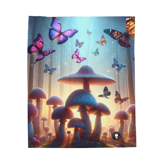 "Twilight Forest: Fluttering Butterflies and Towering Mushrooms" - The Alien Velveteen Plush Blanket