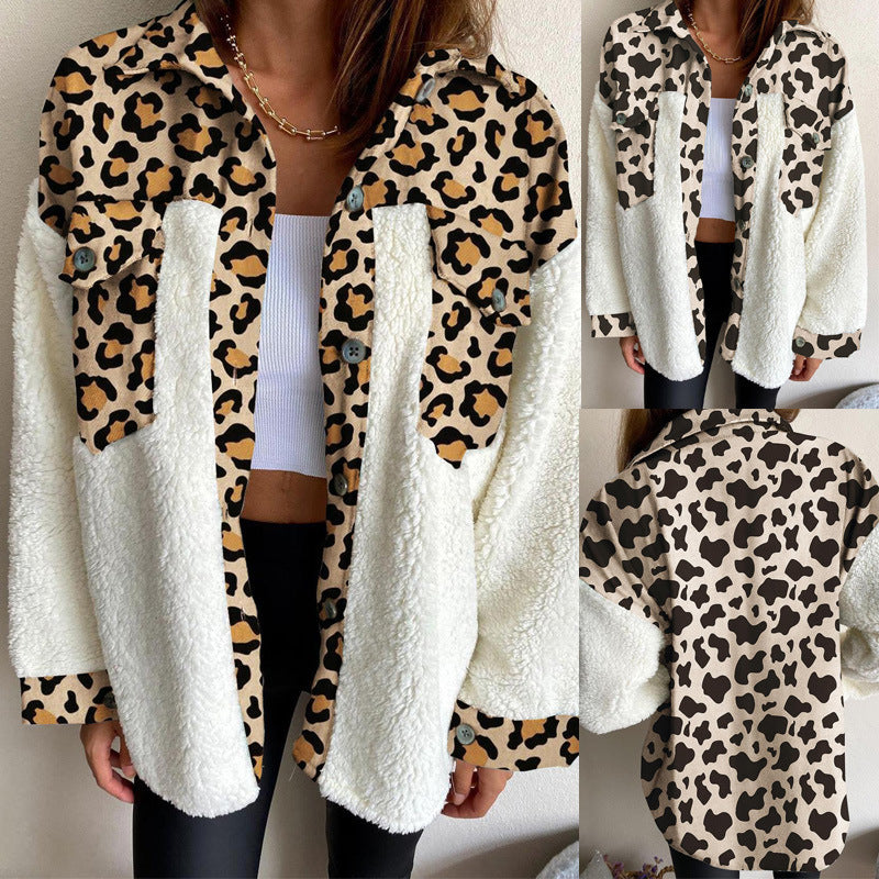 Chaqueta polar para mujer Felpa con estampado de leopardo 