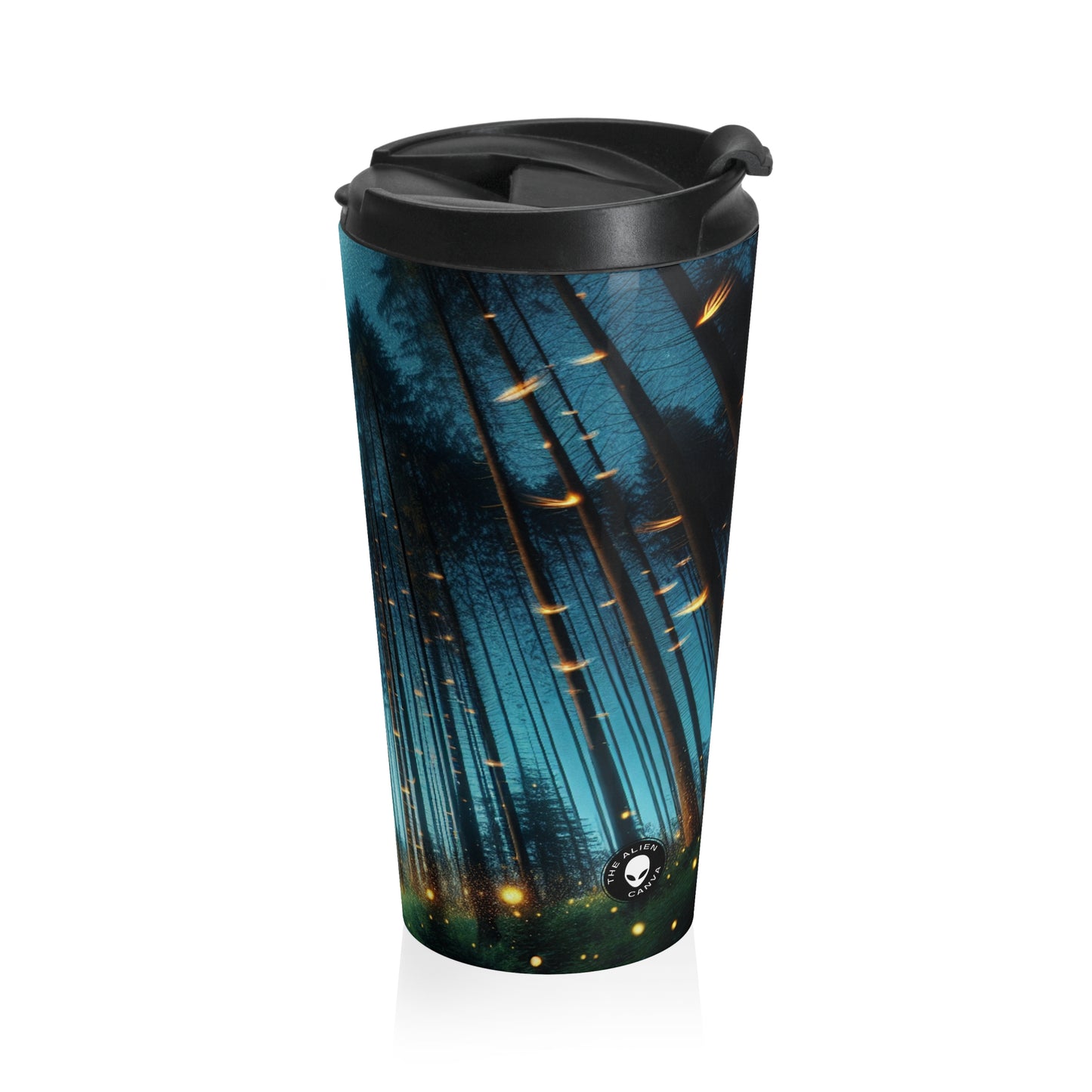 "Encantamiento del crepúsculo: Bosque de luciérnagas": taza de viaje de acero inoxidable de The Alien