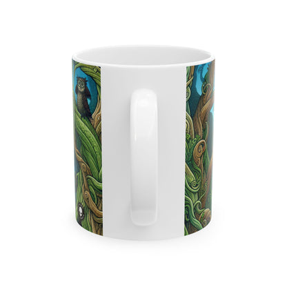 "Bosque encantado: donde los árboles bailan y las criaturas deambulan" - Taza de cerámica The Alien de 11 oz