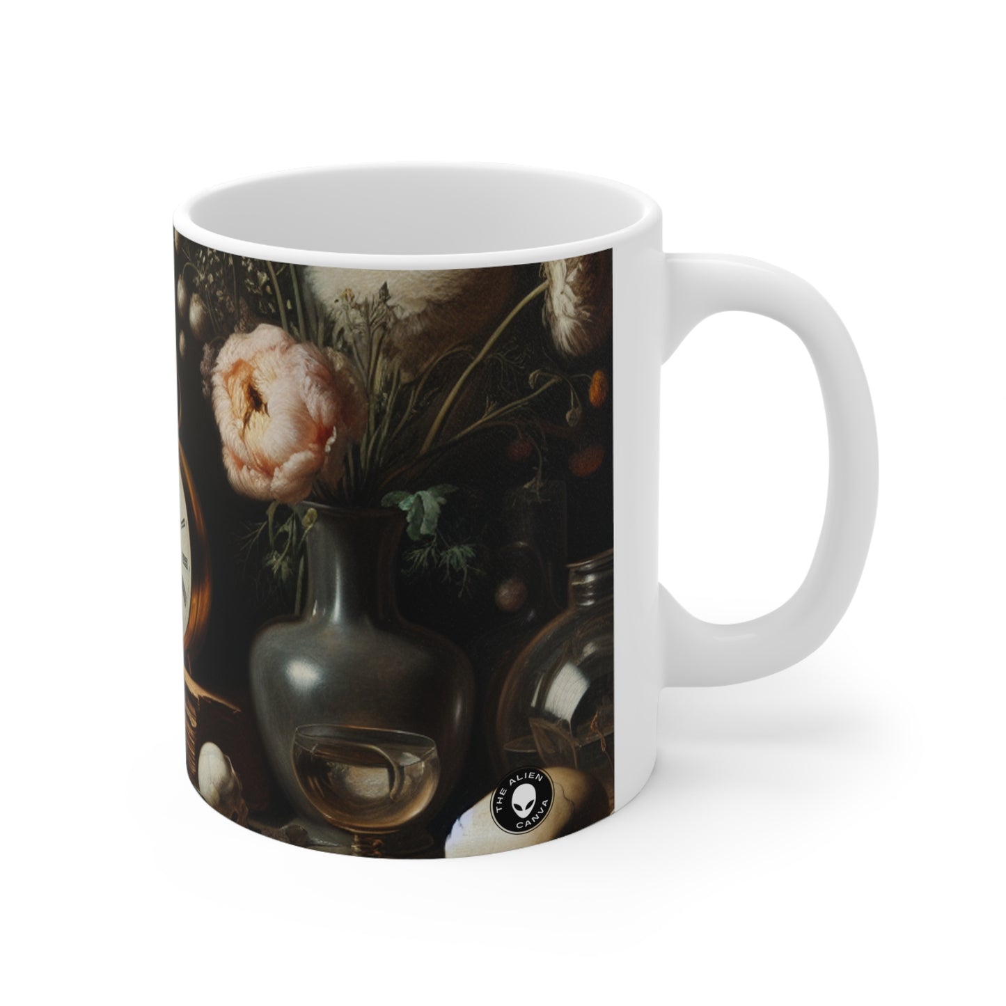 "Decadencia digital: una Vanitas contemporánea que examina el consumismo en el siglo XXI" - The Alien Ceramic Mug 11oz Vanitas Painting