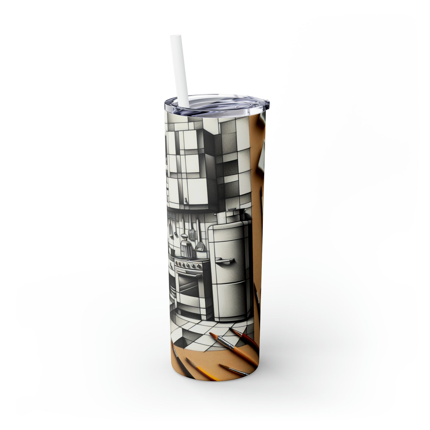 "Cubist Kitchen Collage" - The Alien Maars® Skinny Tumbler with Straw 20oz Cubism Style