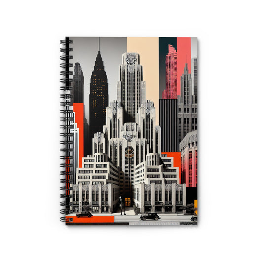 "Un contraste de tiempos: rascacielos Art Déco clásicos y un paisaje urbano moderno" - Cuaderno de espiral The Alien (línea reglada) Estilo Art Déco