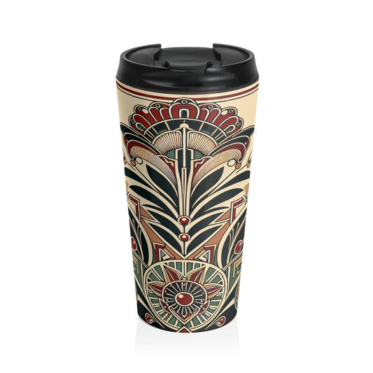 "Golden Glamour: A Dynamic Art Deco Cityscape at Sunset" - The Alien Stainless Steel Travel Mug Art Deco