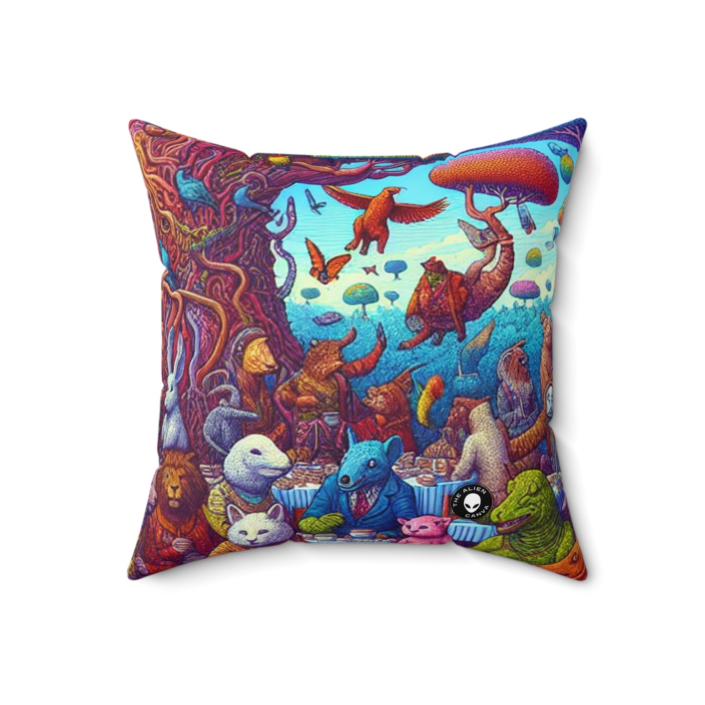 "Animal Tea Party in a Rainbow Wonderland"- The Alien Spun Polyester Square Pillow