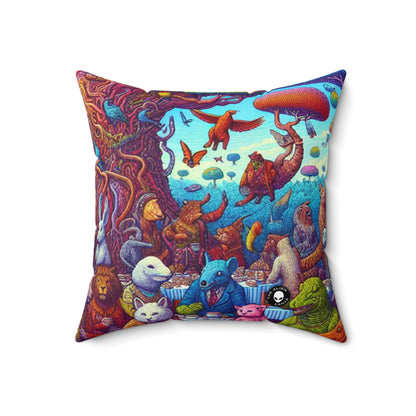 "Animal Tea Party in a Rainbow Wonderland"- The Alien Spun Polyester Square Pillow