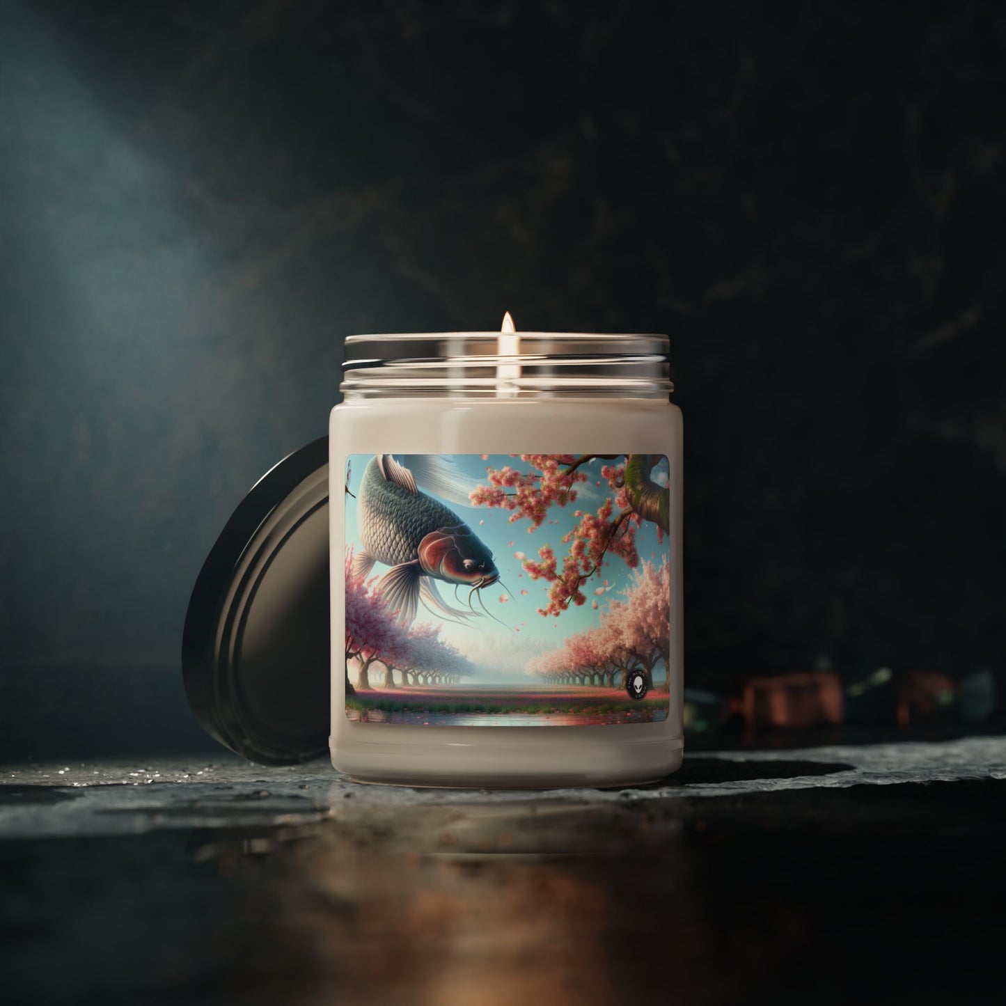 "Peces Koi en flores de cerezo: la belleza de la naturaleza" - Vela de soja con aroma a alienígena de 9 oz