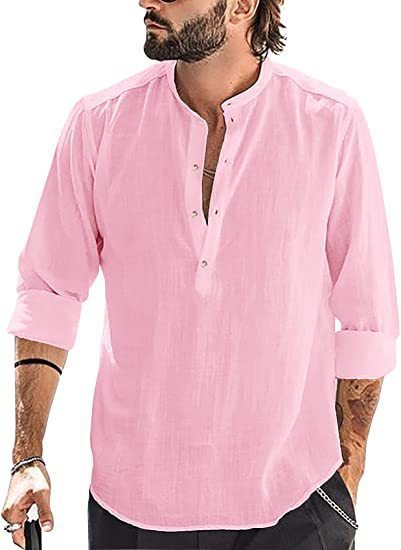 Chemise décontractée à manches longues pour hommes, col montant, porte baril, couleur unie