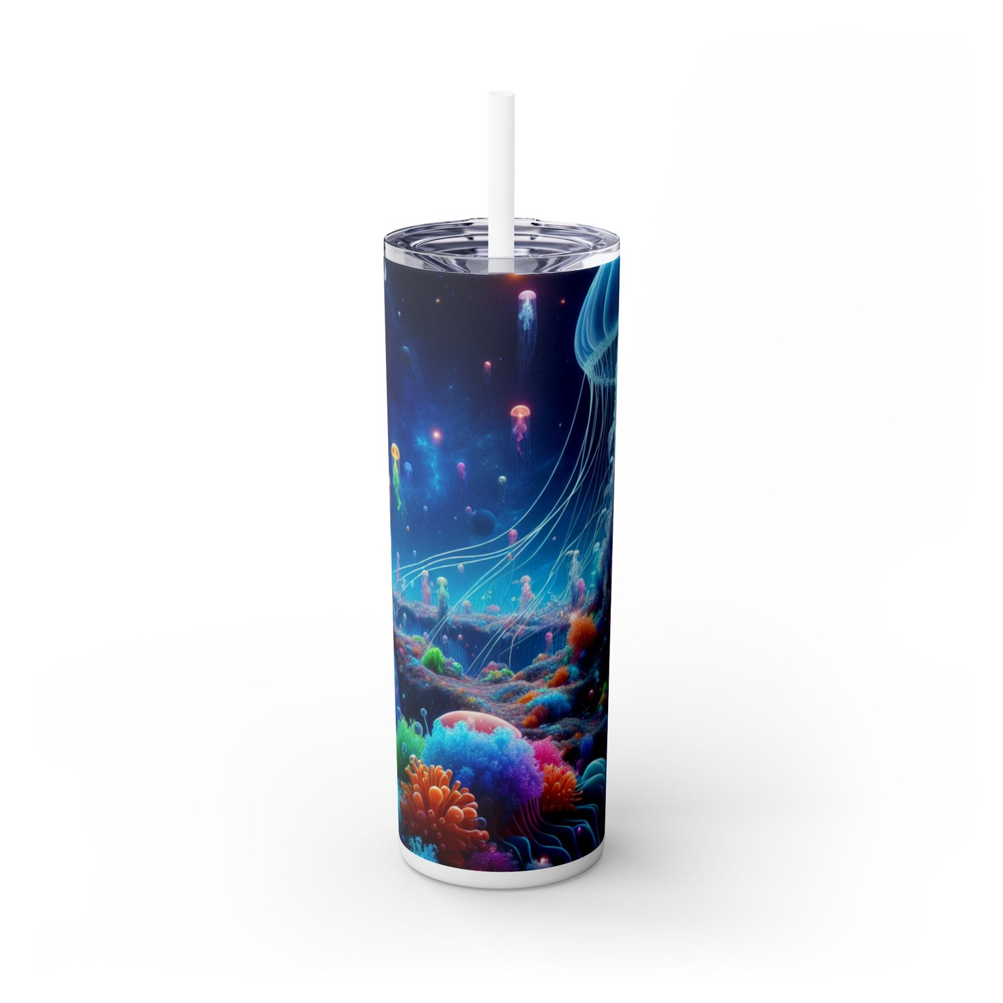 "Neon Jellyfish Fantasia: A Surreal Underwater Odyssey" - The Alien Maars® Skinny Tumbler with Straw 20oz