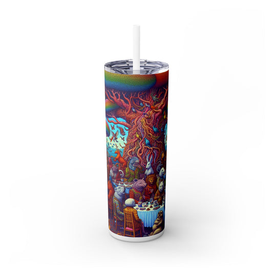 "Fiesta de té con animales en un país de las maravillas con arcoíris": vaso estrecho con pajita de 20 oz de Alien Maars®