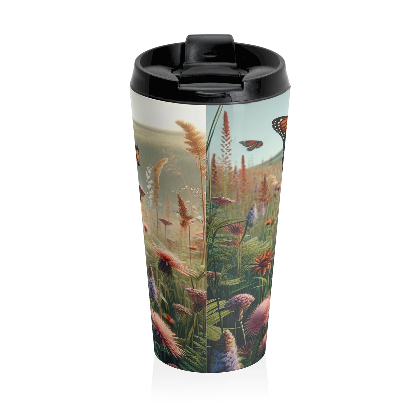 "A Monarch in Wildflower Meadow" - Taza de viaje de acero inoxidable estilo realismo The Alien