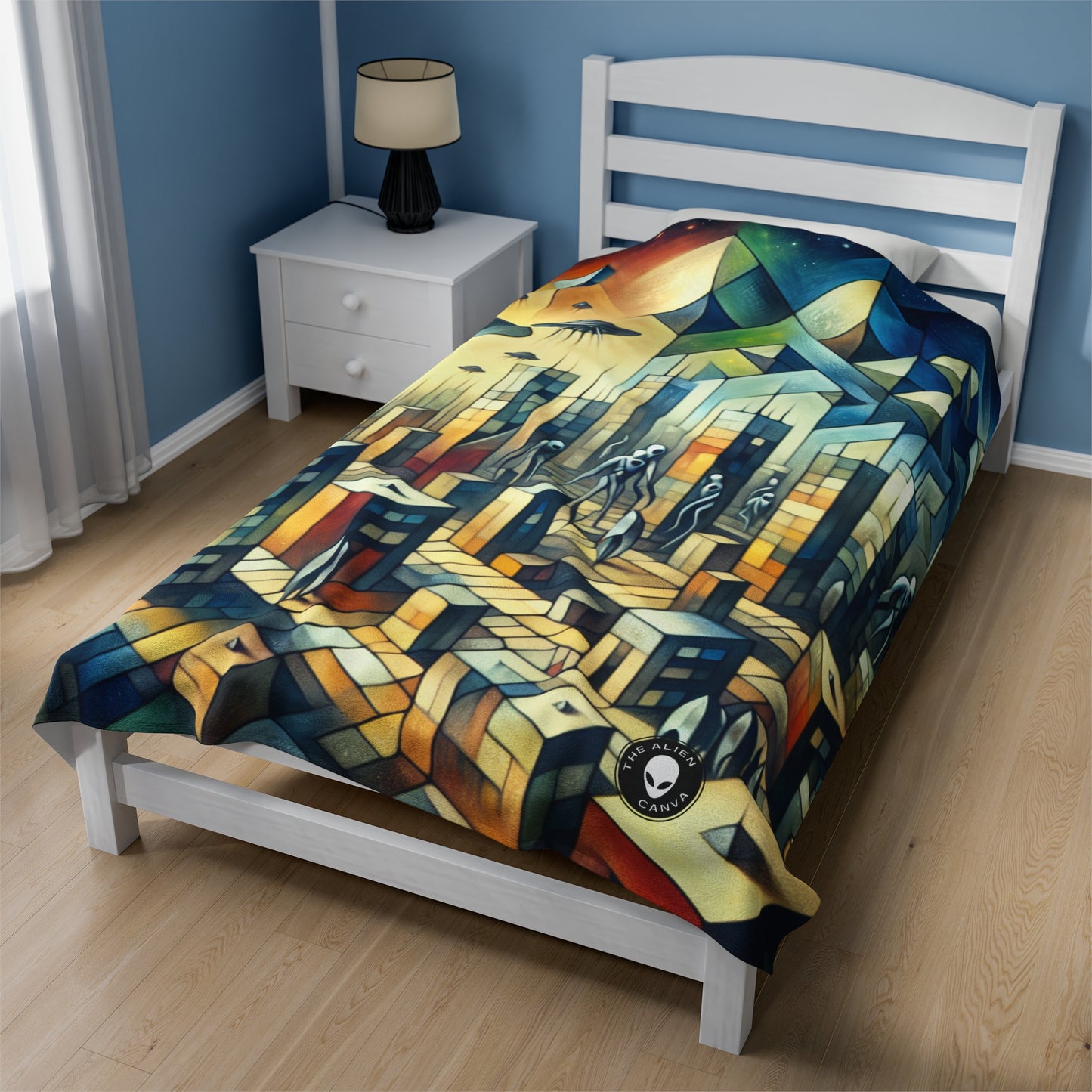 "Cubism in a Futuristic, Alien-Invaded City". - The Alien Velveteen Plush Blanket A futristic city invaded by aliens in cubism art style