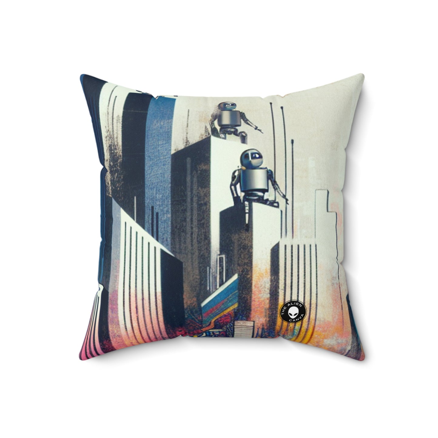 "Robotic Cityscape: A Futuristic Mural" - The Alien Spun Polyester Square Pillow Street Art / Graffiti