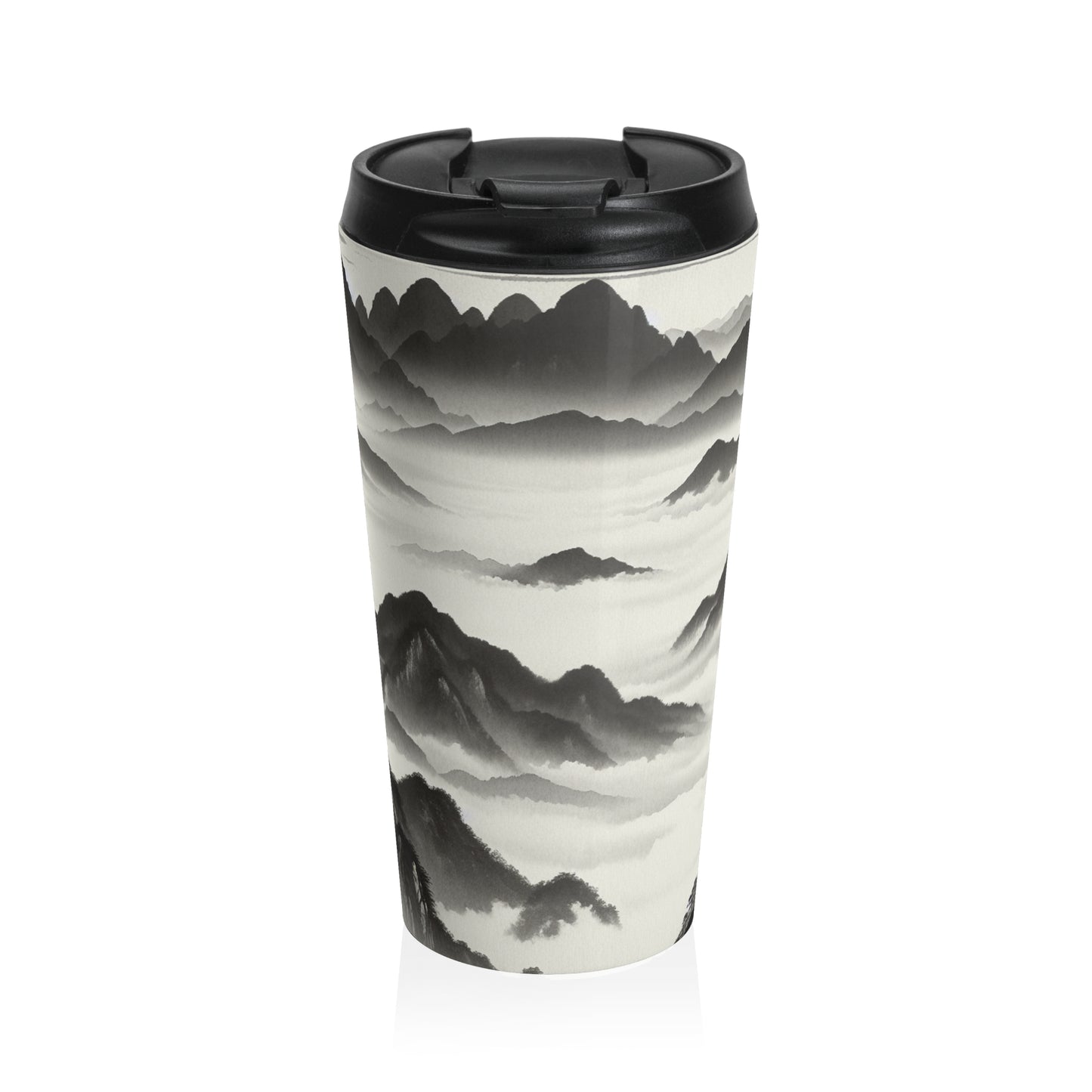 "Misty Peaks in the Fog" - Estilo de pintura con lavado de tinta de taza de viaje de acero inoxidable alienígena