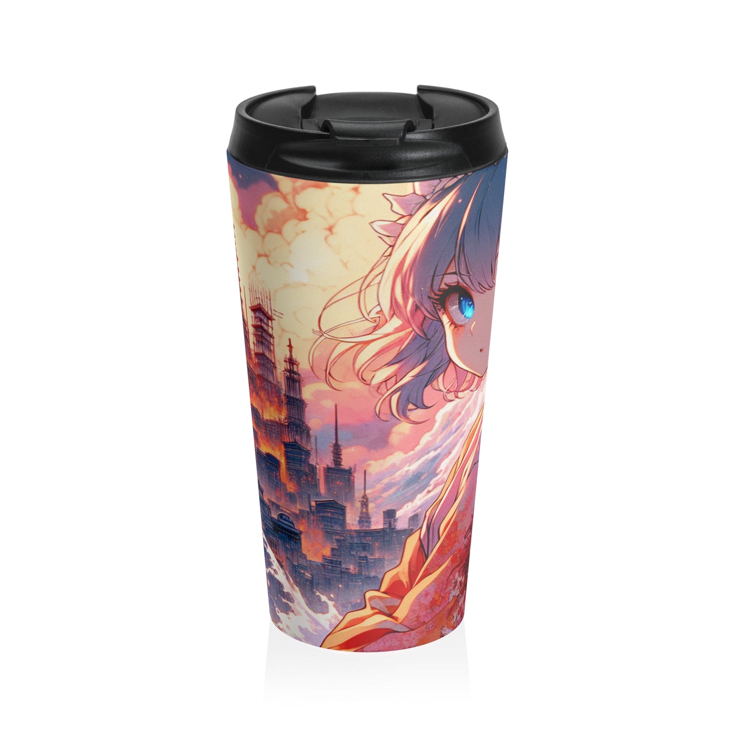 Title: "Swords ablaze: The Elemental Duel" - The Alien Stainless Steel Travel Mug Manga/Anime Art