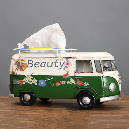 Multicolor Flower Bus Model Figurines Retro Car Tissue Box Home Decoration Ornaments Crafts