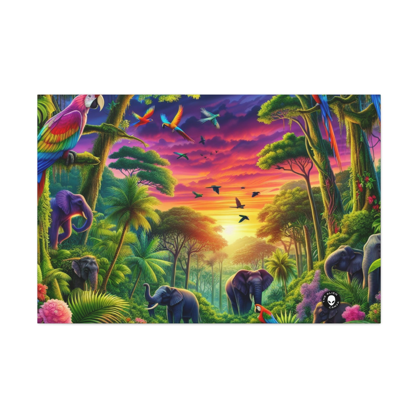 « Coucher de soleil dans la nature : une aventure dans la jungle arc-en-ciel » - The Alien Canva