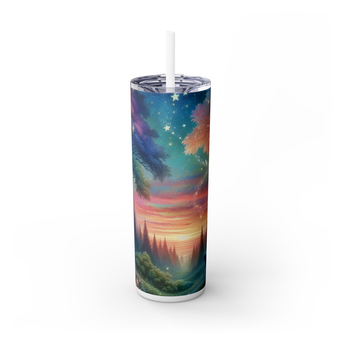 "Atardecer encantado: una pintura de un bosque mágico" - Vaso delgado con pajita de 20 oz de Alien Maars®