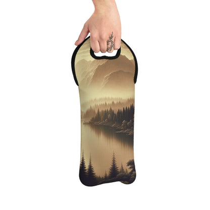 "Amanecer en el lago: Una mañana de montaña con niebla" - The Alien Wine Tote Bag Estilo tonalismo