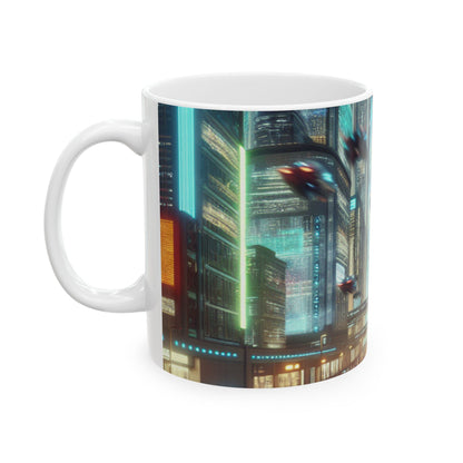 Pluie de néon : un paysage urbain futuriste - Tasse en céramique Alien 11 oz