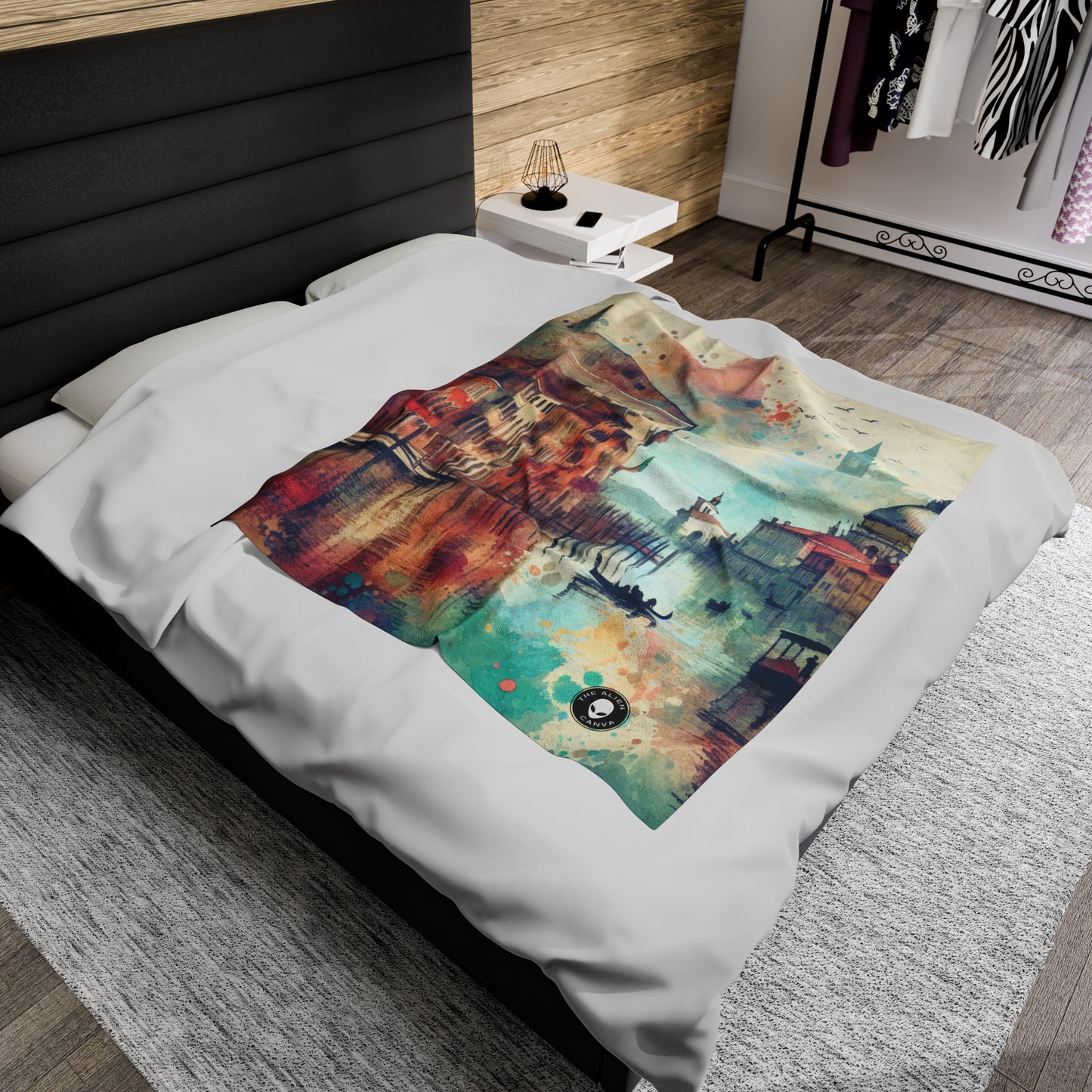 Tranquil Coast: A Serene Watercolor Sunset Painting - The Alien Velveteen Plush Blanket Watercolor Painting