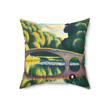 "Tranquil Sunset: A Pointillism Landscape"- The Alien Spun Polyester Square Pillow Pointillism