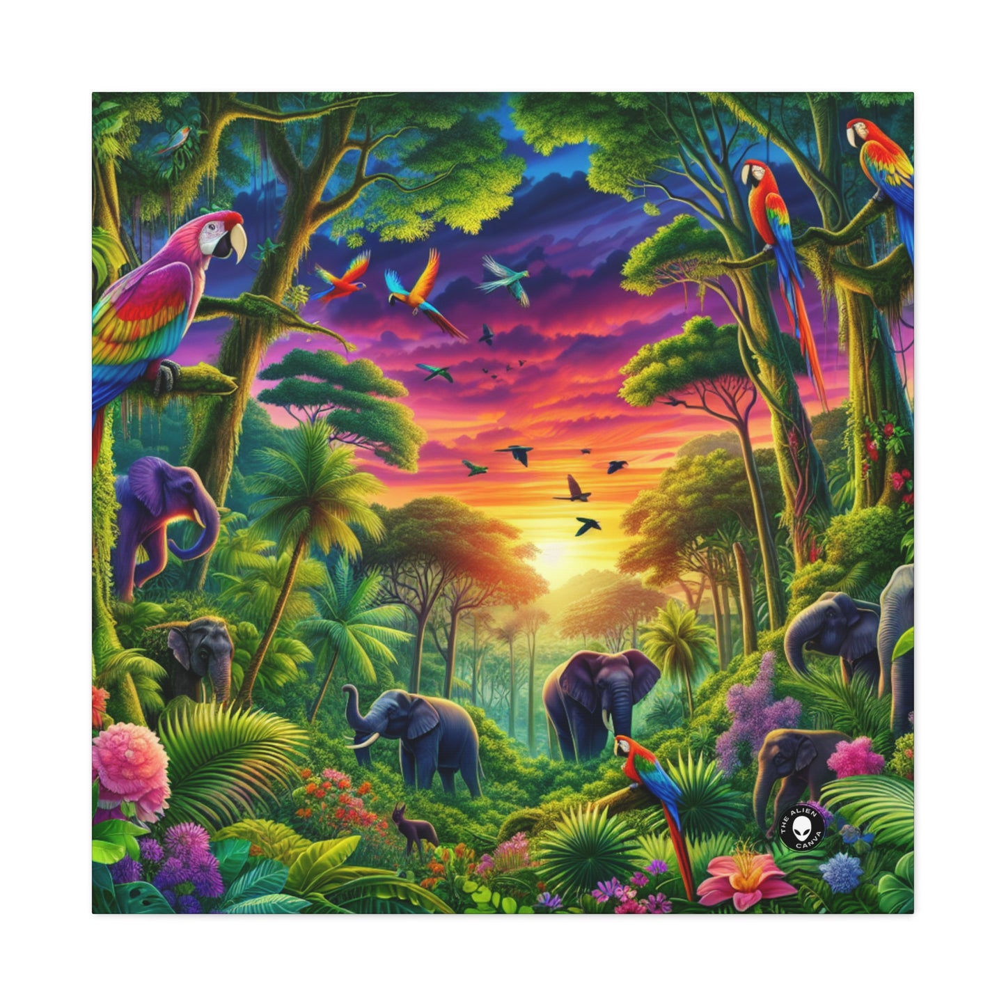 « Coucher de soleil dans la nature : une aventure dans la jungle arc-en-ciel » - The Alien Canva